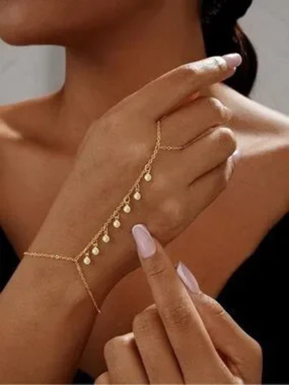 Gold Pearl Dangle Hand Chain Bracelet